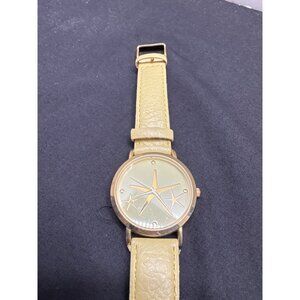 Gold Tone Watch With Yellow Faux Leather Band & Star Design Face By Chikos Japan